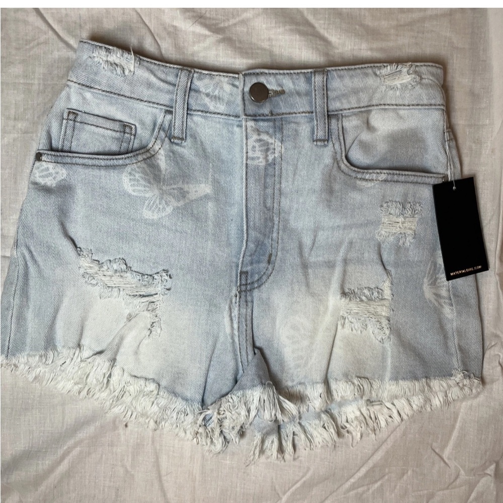 NWT Material Girl Light Blue Frayed Jean Shorts With Butterflies